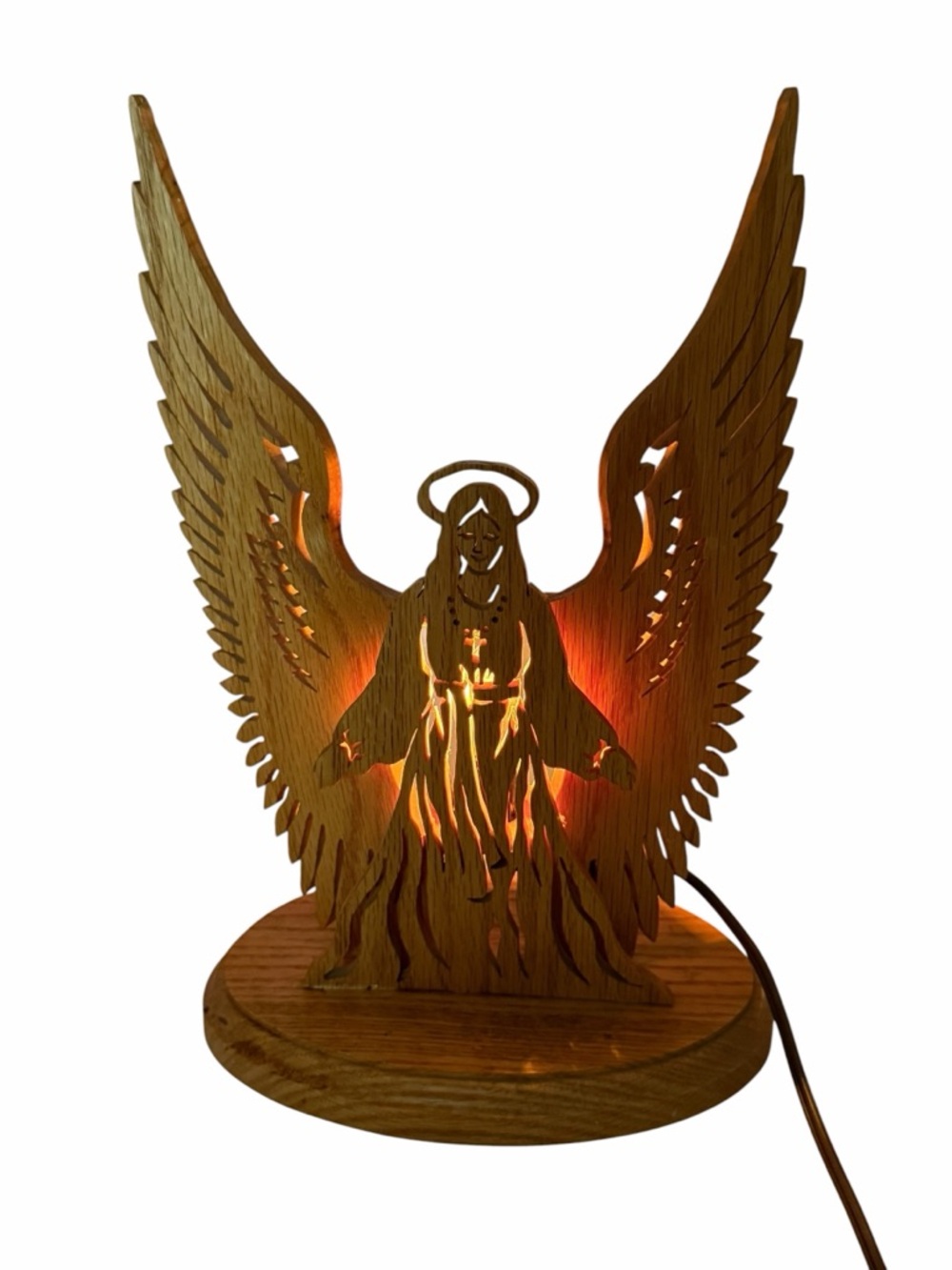 HANDMADE WOOD ANGEL WINGS CROSS ENGRAVED CARVED WOODEN NIGHT LIGH FIGURINE